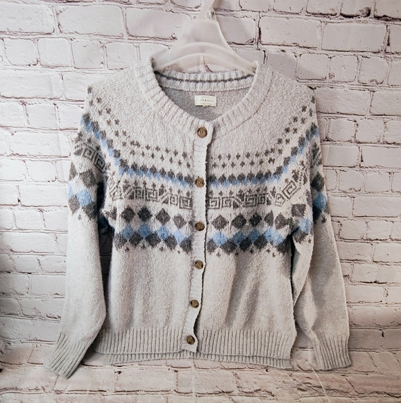 Lucky Brand Fair Isle Preppy Grey Blue XXL Cardigan Preppy Sweater - Picture 1 of 10